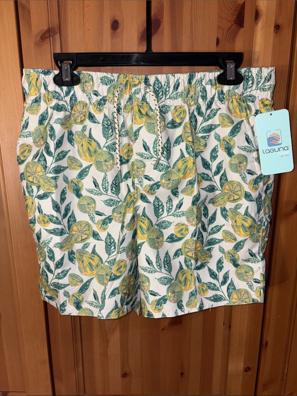 Men's Lemon Print Swim Trunks - White Green Yellow